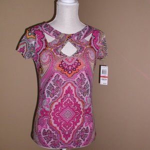NWT INC Dressy Lined Pink Neon Orange Paisley Cut Out Top Size XS